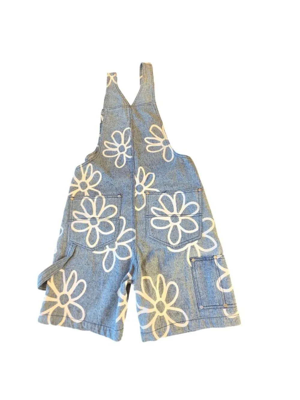 WeSC Daisy Floral Denim Bib Overall Shorts Shortalls Y2K Streetwear Unisex Sz S